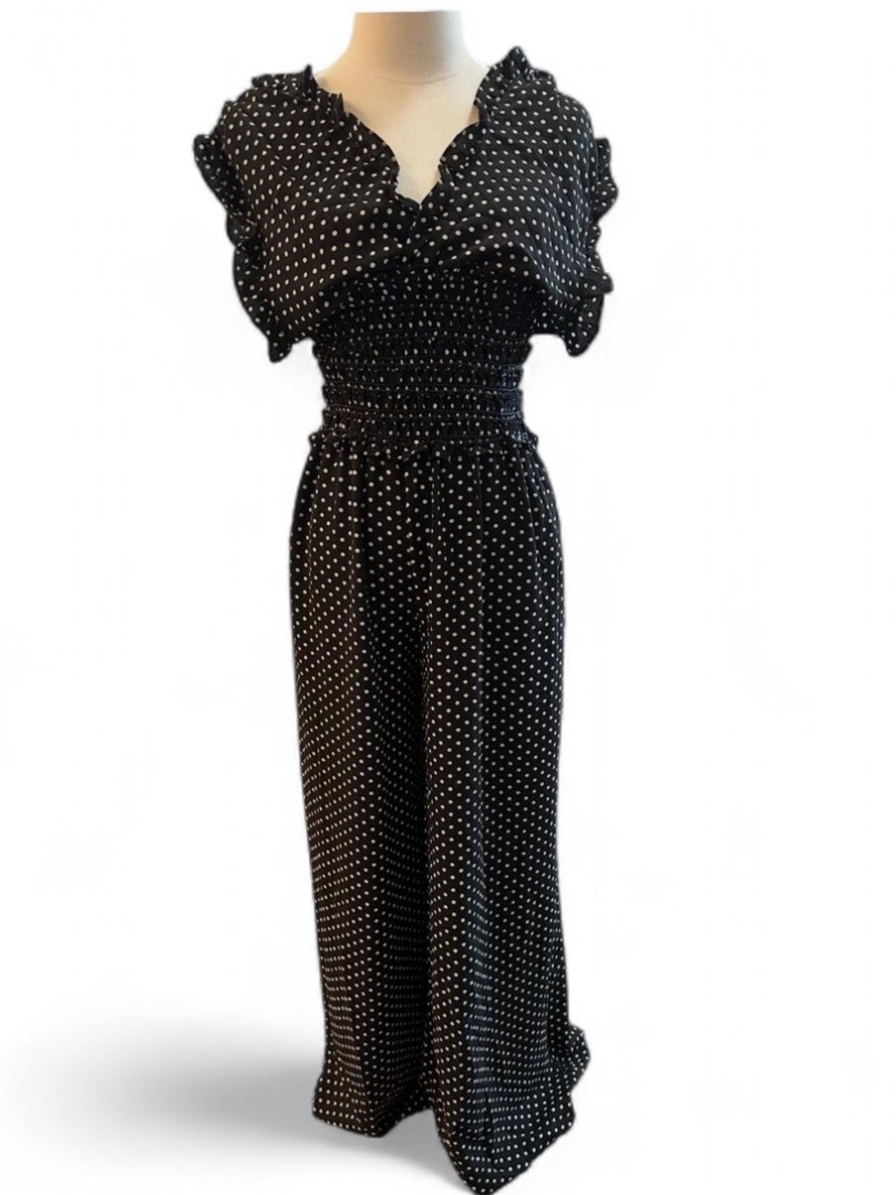 *NWT* MAX STUDIO Ruffle Trim V Gathered Waist Jumper in Black & White Dot — M